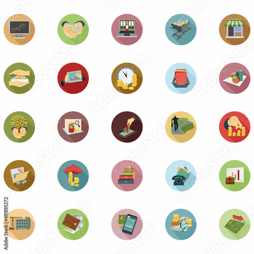 Modern flat icon vector illustration design with long shadow style elements of financial services, business management symbol, banking and money objects. Isolated on white background.