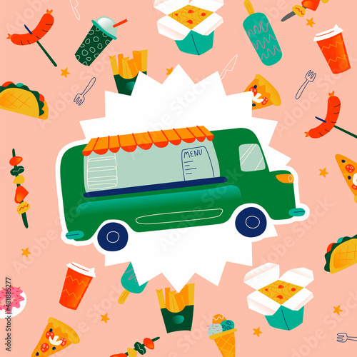 vector illustration about street fast food in the city in summer. The food truck is green around what it sells: hot dog, drinks, tacos, sausage on a stick, ice cream, donut, pizza, barbecue.