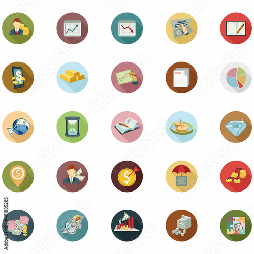 Modern flat icon vector illustration design with long shadow style elements of financial services, business management symbol, banking and money objects. Isolated on white background.