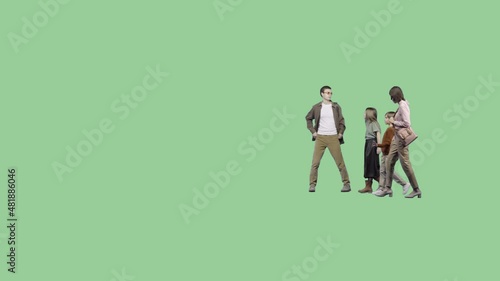 A young family with two children is walking and talking. Transparent background