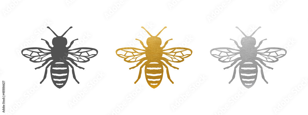 Bee Set - Bee Shape in Gold, Silver, Black - Vector Silhouette