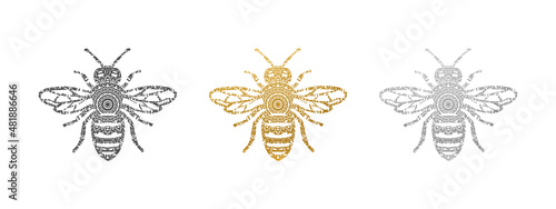 Bee Set - Bee Shape in Gold, Silver, Black - Vector Silhouette