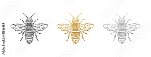 Bee Set - Bee Shape in Gold, Silver, Black - Vector Silhouette
