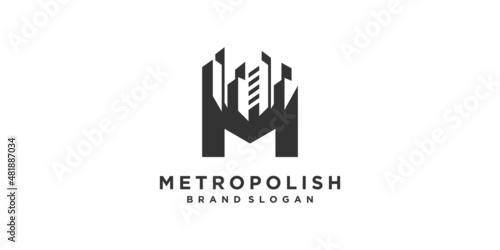 Letter M logo with building concept for initial or business Premium Vector