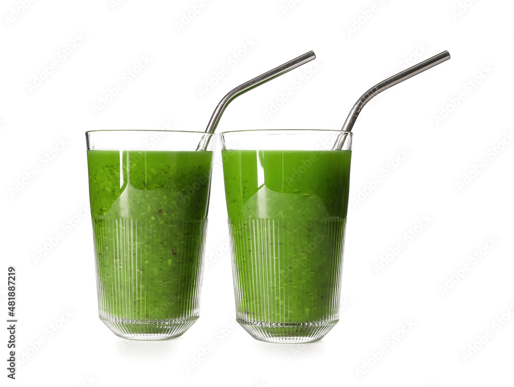 Glasses of healthy green juice on white background Glasses of healthy green juice on white background