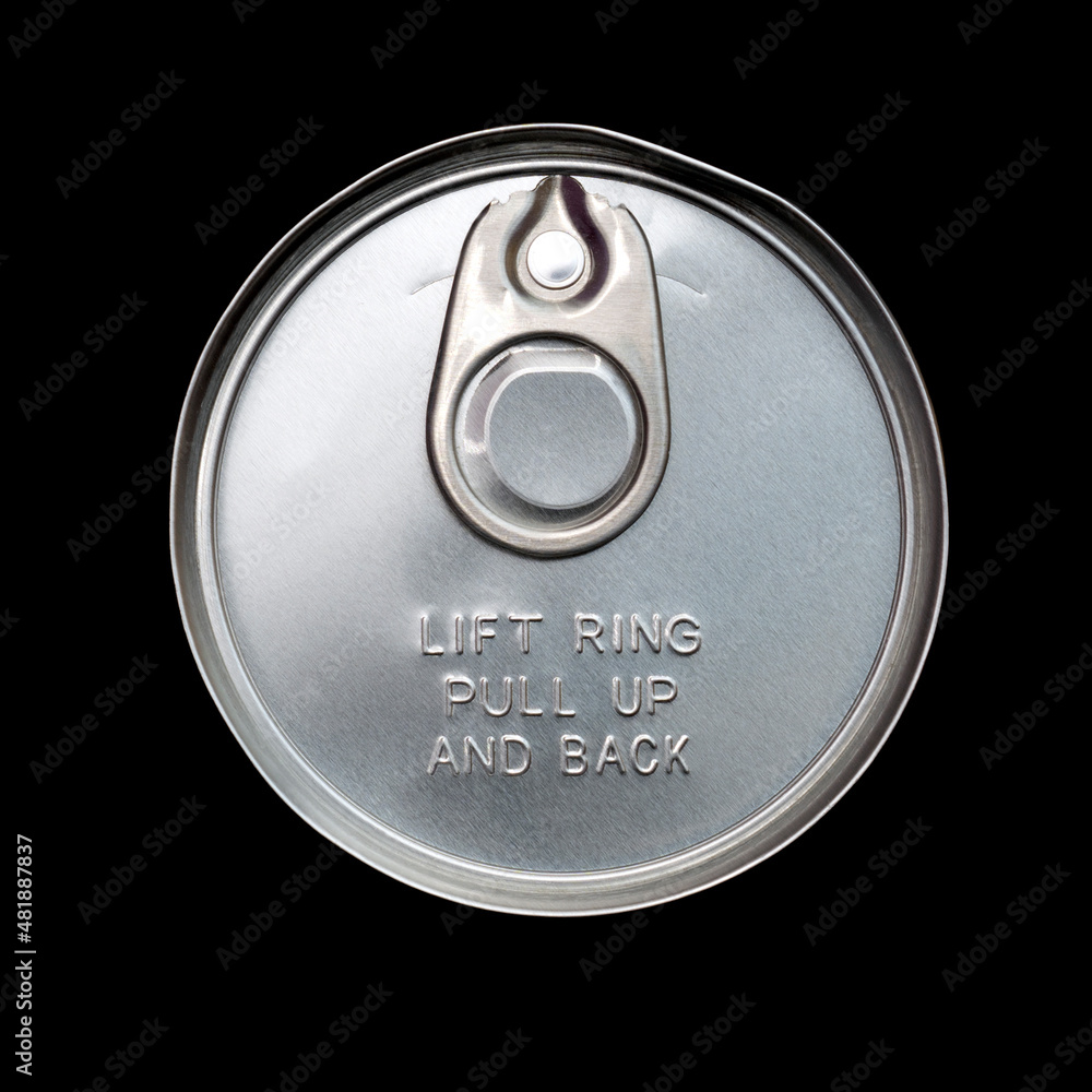 Top of aluminum can with old ring tab with directions for opening. Top of aluminum can with old ring tab with directions for opening.