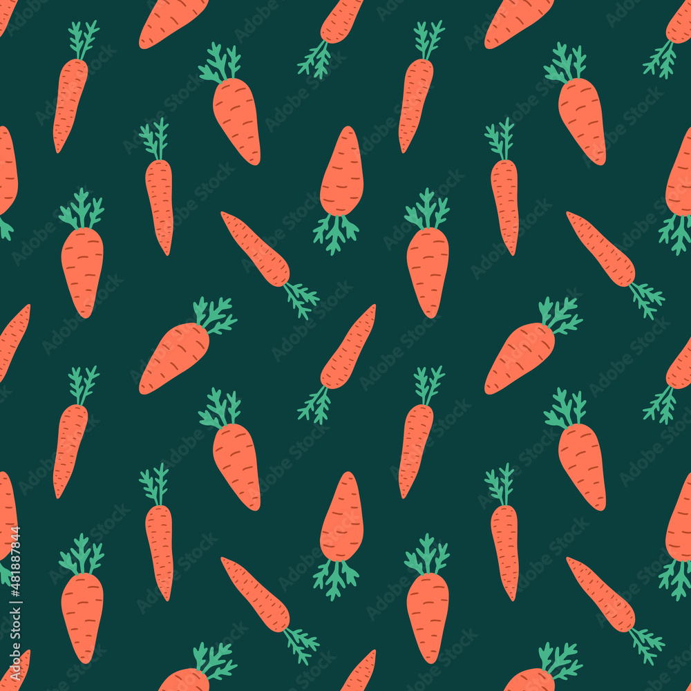 Colorful bright vegetable seamless pattern with hand drawn carrots. Vegetarian background. Vector illustration