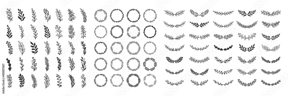 Floral collection of hand drawn wreaths, round frames and branches of leaves, flowers. Perfect for invitations, greeting cards design, fabric etc. Vector illustration