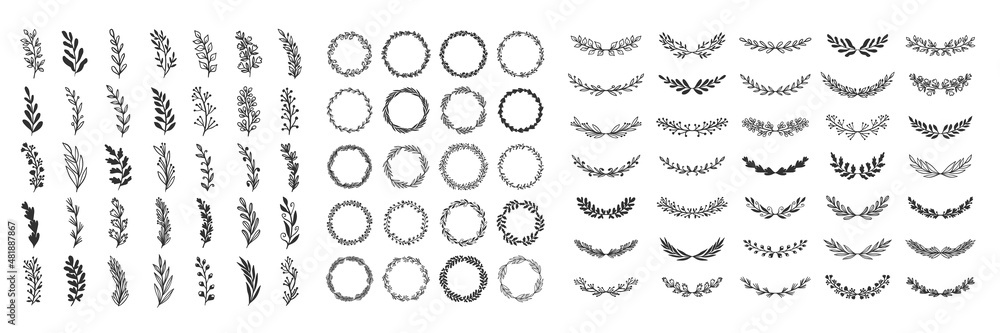 Floral collection of hand drawn wreaths, round frames and branches of leaves, flowers. Perfect for invitations, greeting cards design, fabric etc. Vector illustration Floral collection of hand drawn wreaths, round frames and branches of leaves, flowers. Perfect for invitations, greeting cards design, fabric etc. Vector illustration