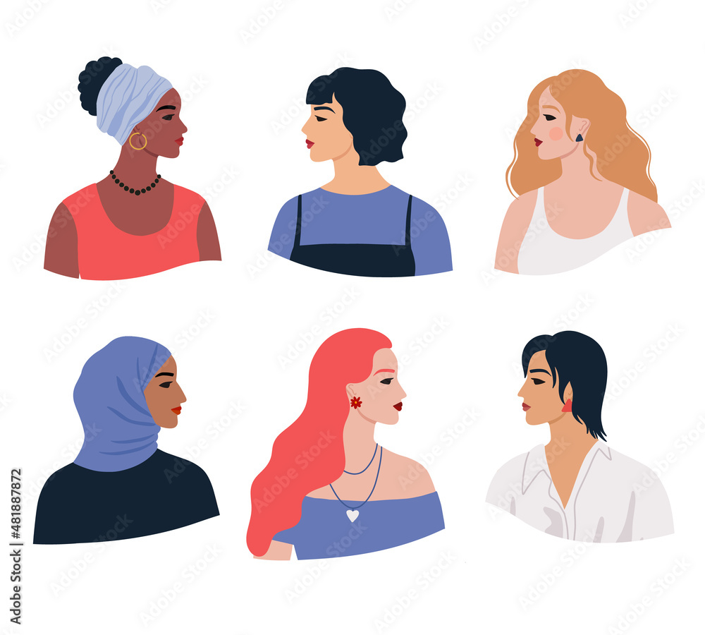 Set of women of different nationalities ethnicity and hairstyle. Female diverse portraits. International Women's day, 8 March. Women's friendship, sisterhood. Vector illustration Set of women of different nationalities ethnicity and hairstyle. Female diverse portraits. International Women's day, 8 March. Women's friendship, sisterhood. Vector illustration