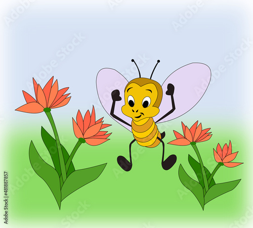 A happy bee, under a blue sky, flying over some red flowers. 
