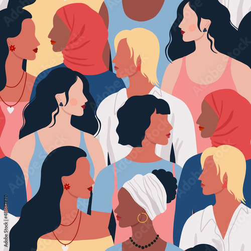 Seamless pattern of women of different nationalities ethnicity and hairstyle. Female diverse portraits. International Women's day, 8 March design. Women's friendship, sisterhood. Vector illustration