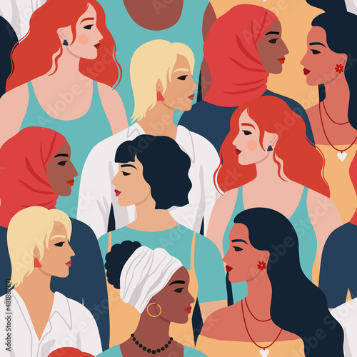 Seamless pattern of women of different nationalities ethnicity and hairstyle. Female diverse portraits. International Women's day, 8 March design. Women's friendship, sisterhood. Vector illustration