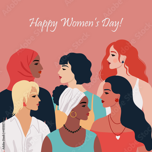 Group of women of different nationalities ethnicity and hairstyle. Female diverse portraits. International Women's day, 8 March design. Women's friendship, sisterhood. Vector illustration