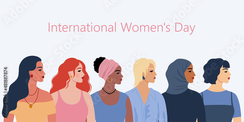 Group of women of different nationalities ethnicity and hairstyle. Female diverse portraits. International Women's day, 8 March design. Women's friendship, sisterhood. Vector illustration