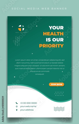 Social media template in Green and white with wavy design. Healthcare social media template design.