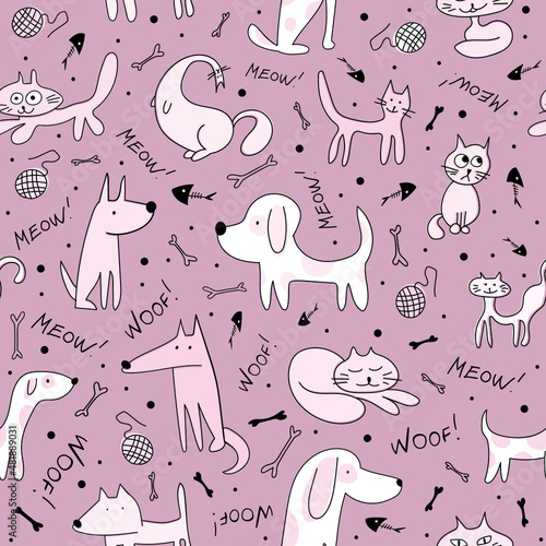 Hand drawn nice dogs and cute cats seamless pattern for textile, wallpaper, prints, fabric, clothes for children. Vector illustration. 