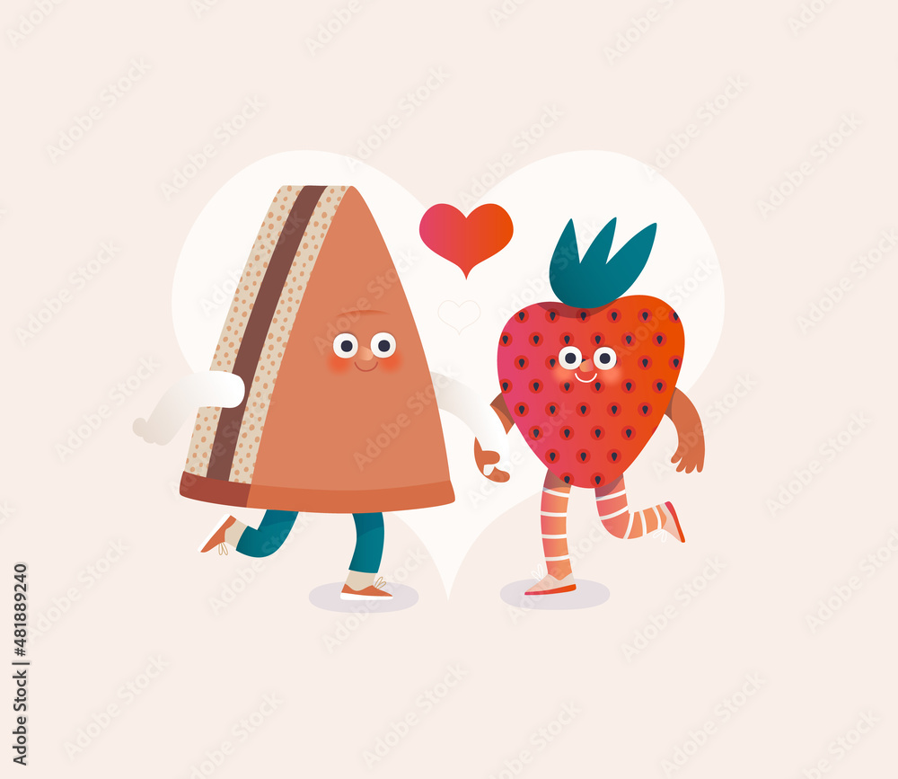 Perfect couple -Valentines day graphics. Modern flat vector concept illustration - a piece of shortcake and a srawberry in love, holding their hands. Cute characters in love, perfect match concept Perfect couple -Valentines day graphics. Modern flat vector concept illustration - a piece of shortcake and a srawberry in love, holding their hands. Cute characters in love, perfect match concept