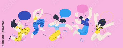 Happiness - happy young man and woman jumping in the air cheerfully. Modern flat vector concept illustration of a happy jumping and dancing person. Feeling and emotion concept.
