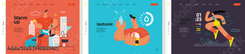 Runners website templates set. Flat vector concept illustrations of athletes running in a park, forest, stadium track or street landscape. Healthy activity and lifestyle. Sprint, jogging, warming up.