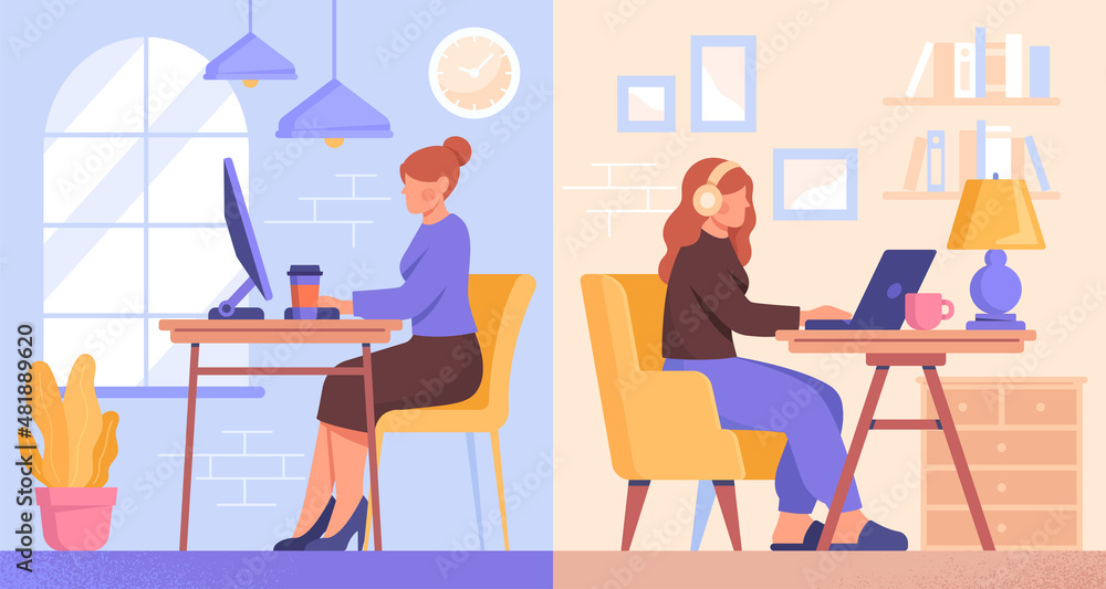 Office vs Home concept. Young woman works for large company and performs tasks on computer. Female freelancer with flexible schedule works in apartment. Cartoon modern flat vector illustration Office vs Home concept. Young woman works for large company and performs tasks on computer. Female freelancer with flexible schedule works in apartment. Cartoon modern flat vector illustration