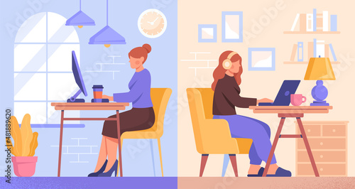 Office vs Home concept. Young woman works for large company and performs tasks on computer. Female freelancer with flexible schedule works in apartment. Cartoon modern flat vector illustration
