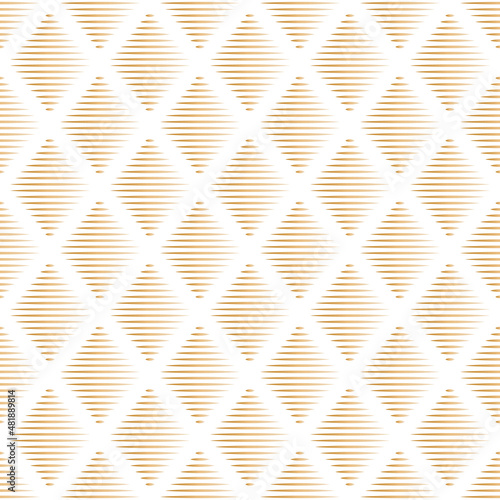 Abstract geometric seamless pattern. Gold diamond ornament filled with gradient horizontal lines on white background. For textile and paper design