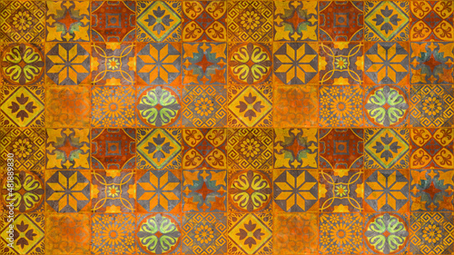 Colorful abstract orange yellow red vintage retro geometric square retro mosaic motif tiles texture background