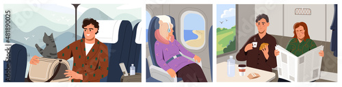Set of Happy people traveling in planes, train and bus. Young men and women tourists admire scenery in window, read newspaper and play with cat. Passengers in vehicle. Cartoon flat vector collection