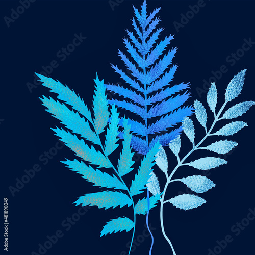 Błękitne niebieskie liście motyw roślinny na granatowym tle