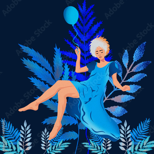 Młoda kobieta lewitacja z balonikiem nad bajkowym lasem