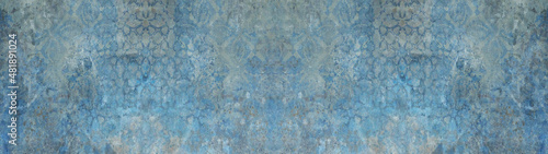 Old blue gray vintage shabby patchwork motif tiles stone concrete cement wall texture background banner