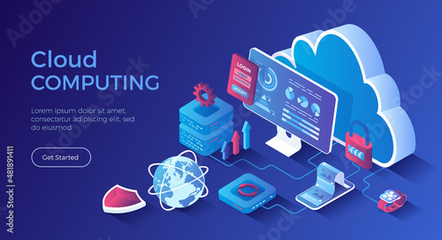 Cloud computing, data storage, database system. Cloud storage server, data backup and exchange. Secure communication process. Isometric landing page. Vector web banner.