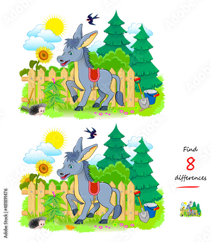 Find 8 differences. Illustration of cute donkey. Logic puzzle game for children and adults. Page for kids brain teaser book. Developing counting skills. IQ test. Play online. Vector image.