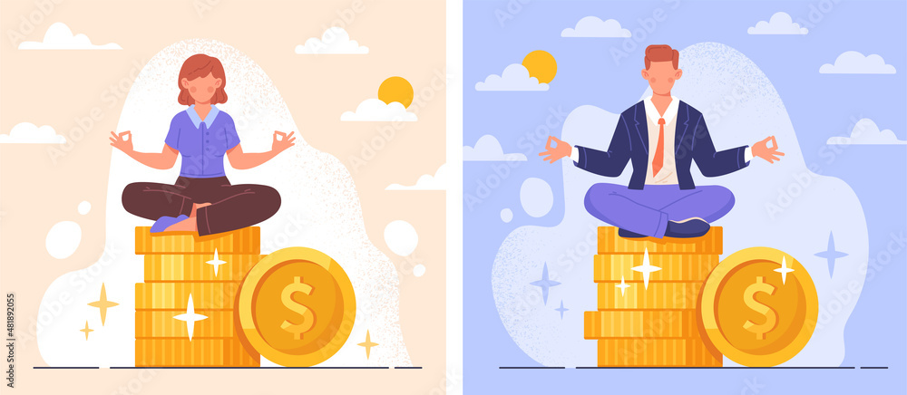 Business guru or expert abstract concept. Young man and woman sitting on coins with dollars. Entrepreneurs manage investments or finances. Cartoon flat vector set isolated on white background - obrazy, fototapety, plakaty 