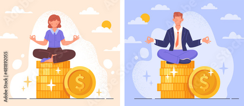 Business guru or expert abstract concept. Young man and woman sitting on coins with dollars. Entrepreneurs manage investments or finances. Cartoon flat vector set isolated on white background photo