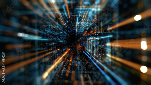 Technology background with futuristic tunnel. blue and orange neon glow colors. Speed of light, Big data , datacenter theme. Flow of digital data, global network stream. 