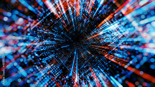 Abstract digital virtual city. Scanning city for hackers attack concept. Software developer, programming, binary computer code with technology and connection concept. 3D render