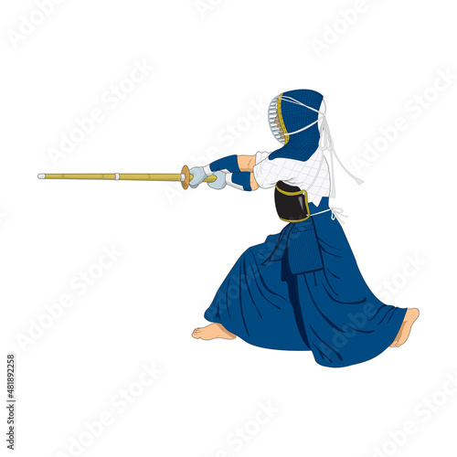 Japanese martial arts, Kendo sport tournament. man in traditional kendo equipment holding shinai jumping toward.