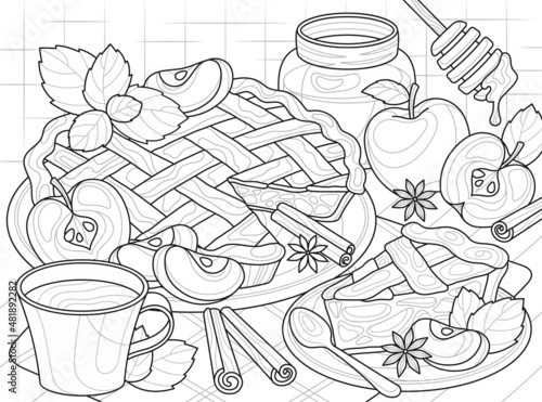 Coloring book with apple pie abstract concept. Simple linear template with pastries, fruits, honey and hot coffee. Entertainment or antistress for children and adults. Cartoon flat vector illustration