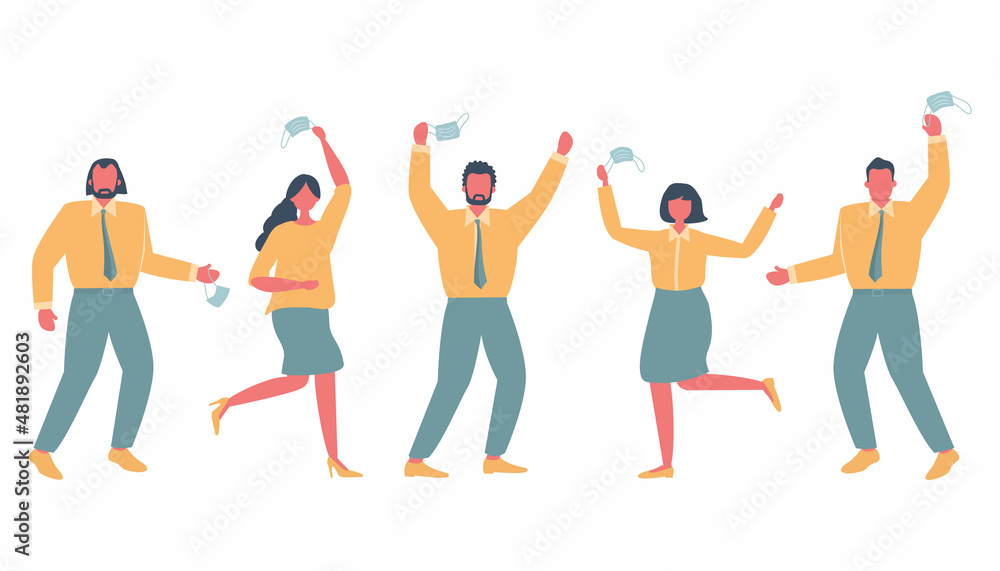 Pandemic end. People are dancing from happiness. Five adults take off their face mask and are excited. Vector illustration Pandemic end. People are dancing from happiness. Five adults take off their face mask and are excited. Vector illustration