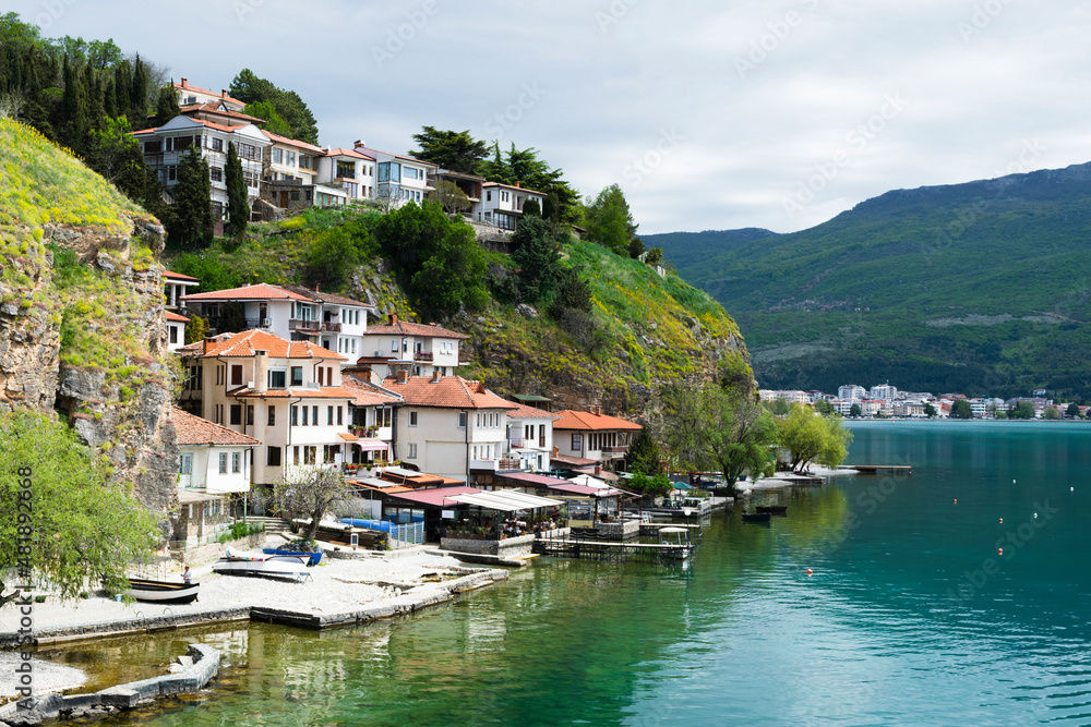 Old houses on the shore of Lake Ohrid. Ohrid, North Macedonia