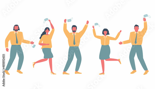 Pandemic end. People are dancing from happiness. Five adults take off their face mask and are excited. Vector illustration