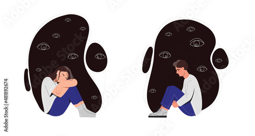 Depression and paranoia concept. Set of sad people with psychological problems surrounded by eyes. Man and woman with mental disorders. Cartoon flat vector collection isolated on white background