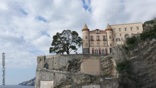Aerial drone footage view of The Amalfi Coast is the stretch of coast bell, south of the Sorrento Peninsula, overlooking the Gulf of Salerno, Italy in the Mediterranean Sea