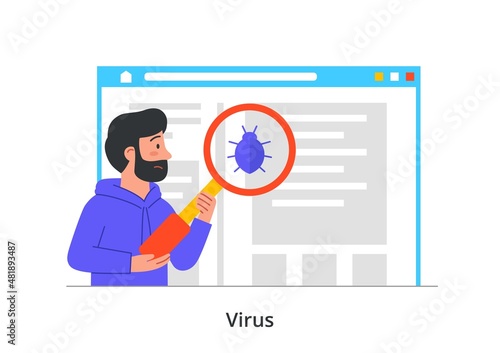 Malicious virus concept. Man holds magnifying glass and finds hidden Trojan virus in files and programs. Cybercrime or protection of personal data with antivirus. Cartoon flat vector illustration