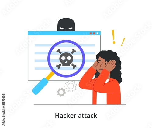 Hacker attack abstract concept. Criminal gained access to woman personal information. Female character with large magnifying glass Detects Malicious Software. Cartoon flat vector illustration