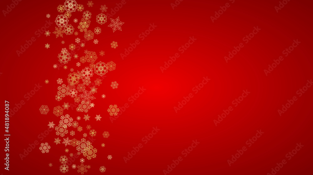 Christmas snowflakes on red background. Horizontal glitter frame for winter banner, gift coupon, voucher, ads, party event. Santa Claus color with golden Christmas snowflakes. Falling snow for holiday