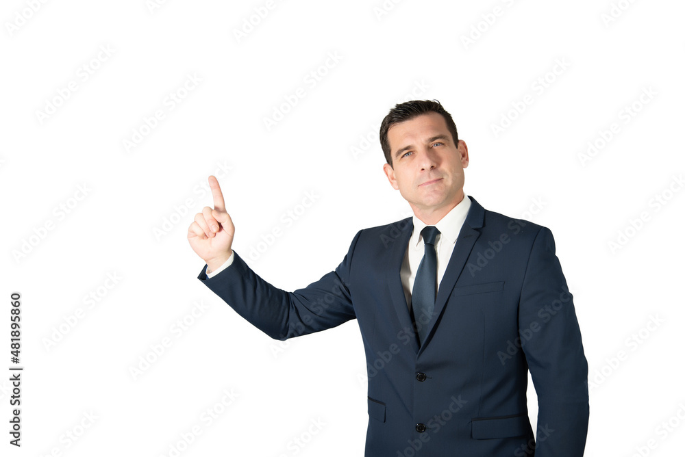 Attractive businessman pointing his finger upward with intent to show something good. White background Attractive businessman pointing his finger upward with intent to show something good. White background