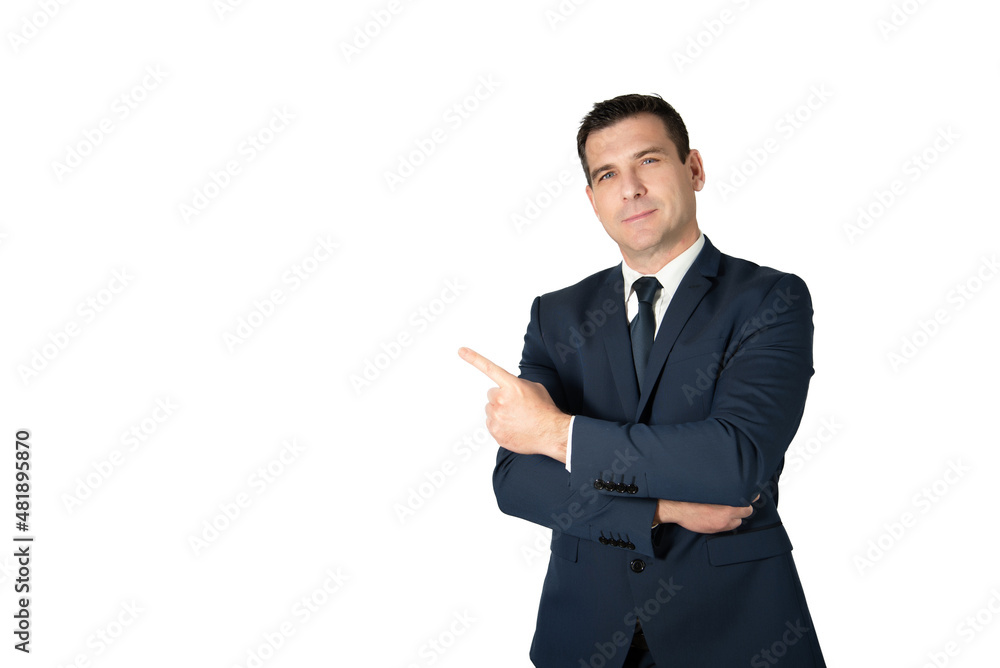 Businessman with his arms crossed and pointing his finger to the side with a smiling face. Salesman showing something good Businessman with his arms crossed and pointing his finger to the side with a smiling face. Salesman showing something good